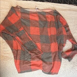 white birch Orange and Gray Plaid Off-the-Shoulder Sweater